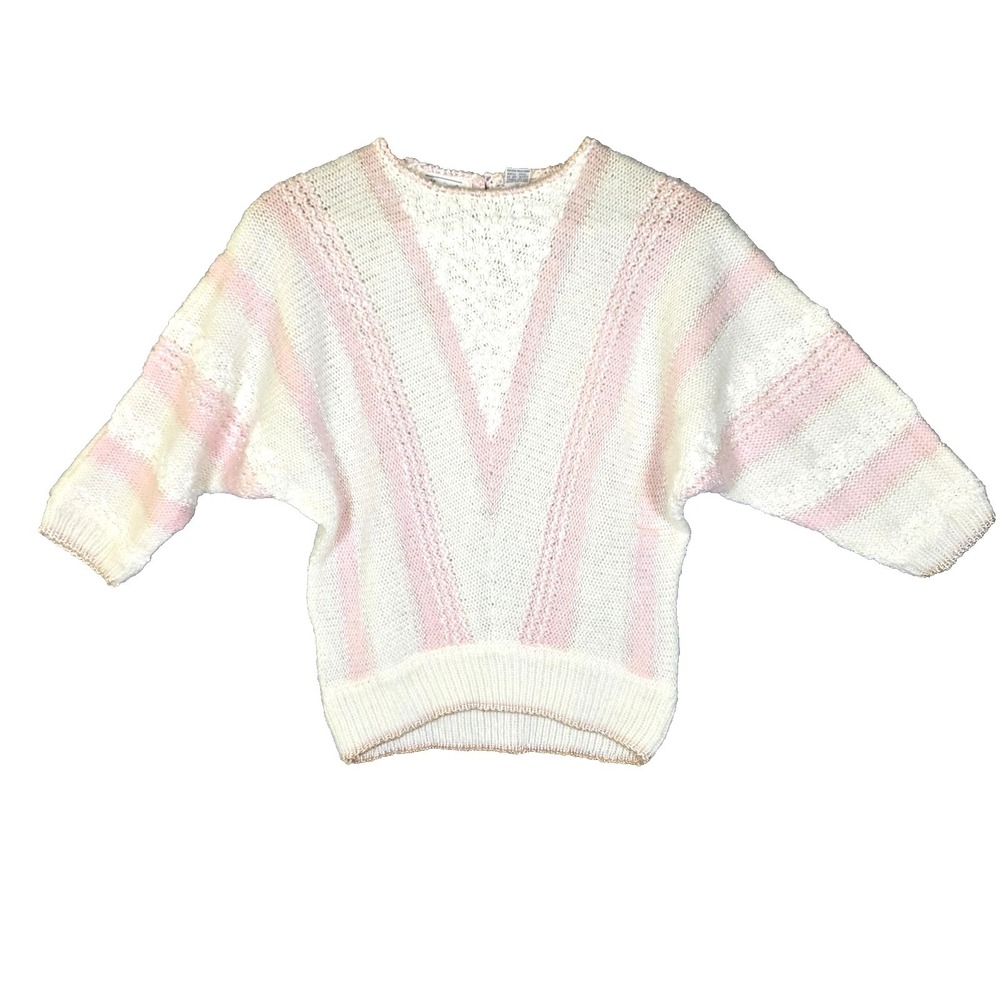 Vtg 80s Margules Pastel Pink Cream Knit Sweater Batwing Dolman 3/4 Sleeve M L